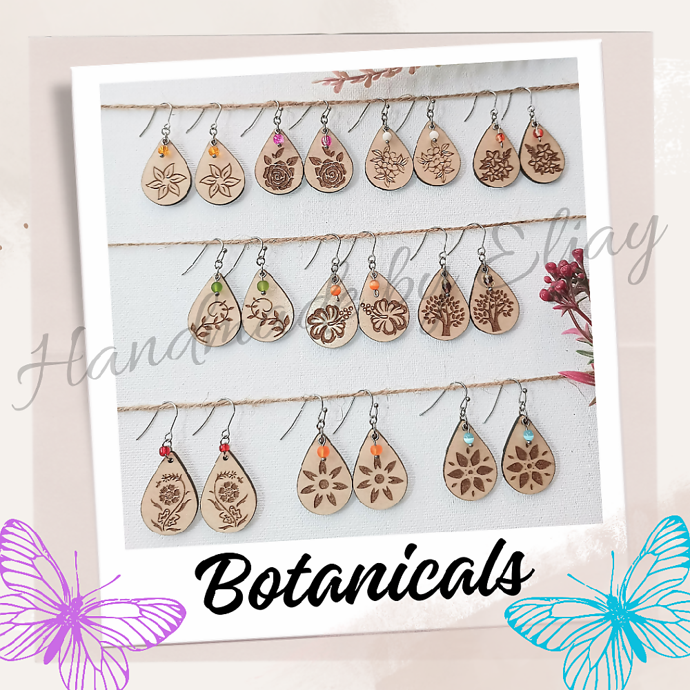 Wooden Teardrop Earrings - 'Botanicals'