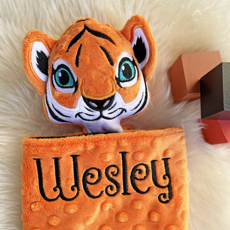 Baby comforter, Embroidered name, Tiger themed Ruggybud, Made to order
