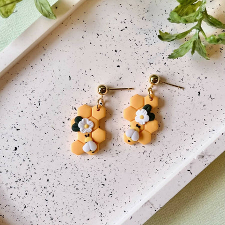 Honey Comb Beehive with Bees, Lightweight Polymer Clay Earrings