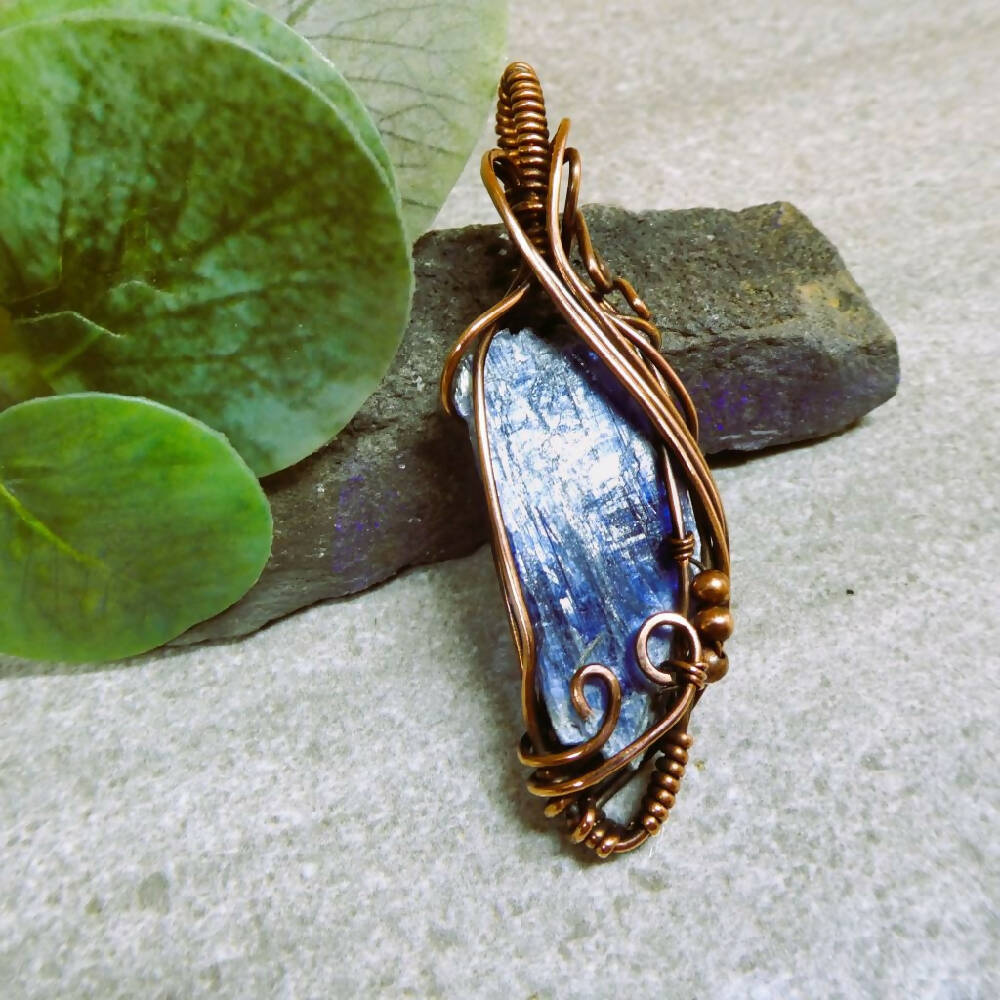 Statement Large Kyanite pendant copper wire wrapped