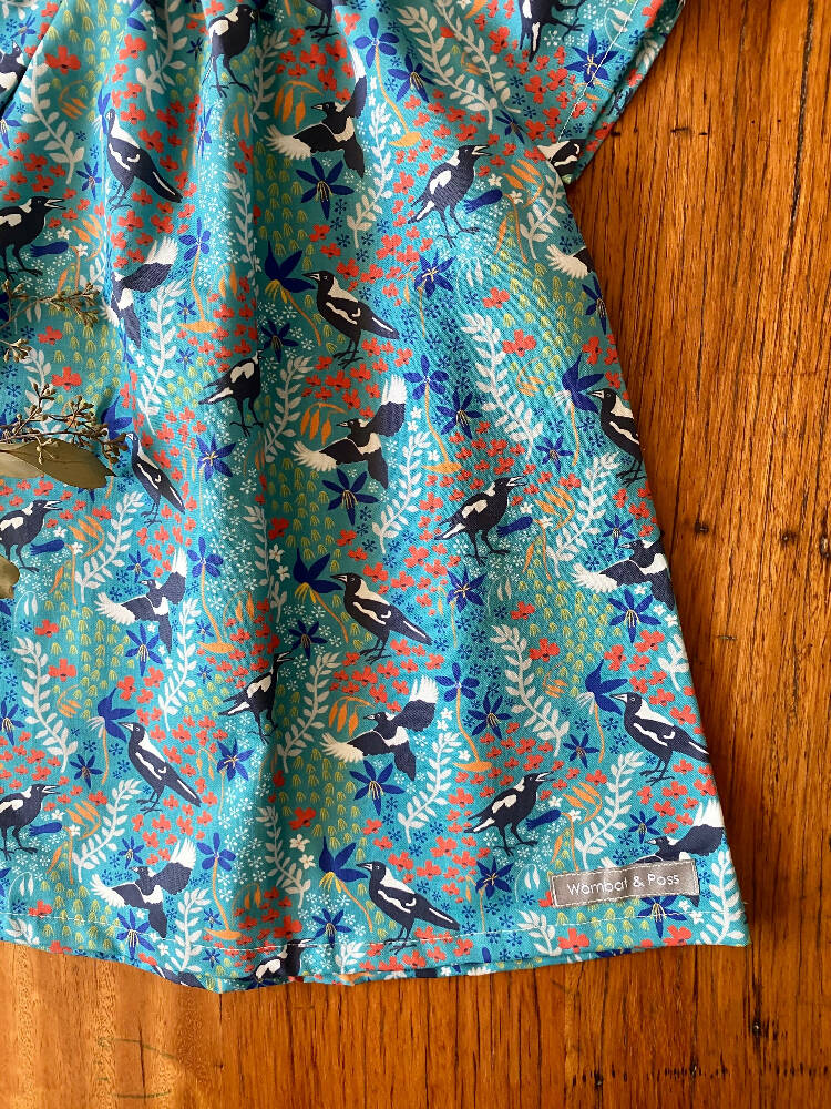 dress - turquoise magpies / cotton peasant-style dress green / Australian birds
