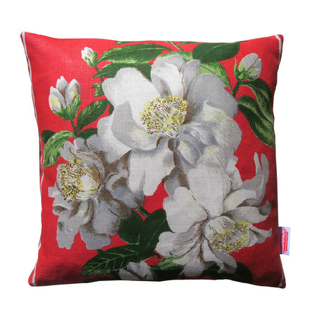 Gorgeous Handmade Vintage Cushion - White flowers on Red Linen