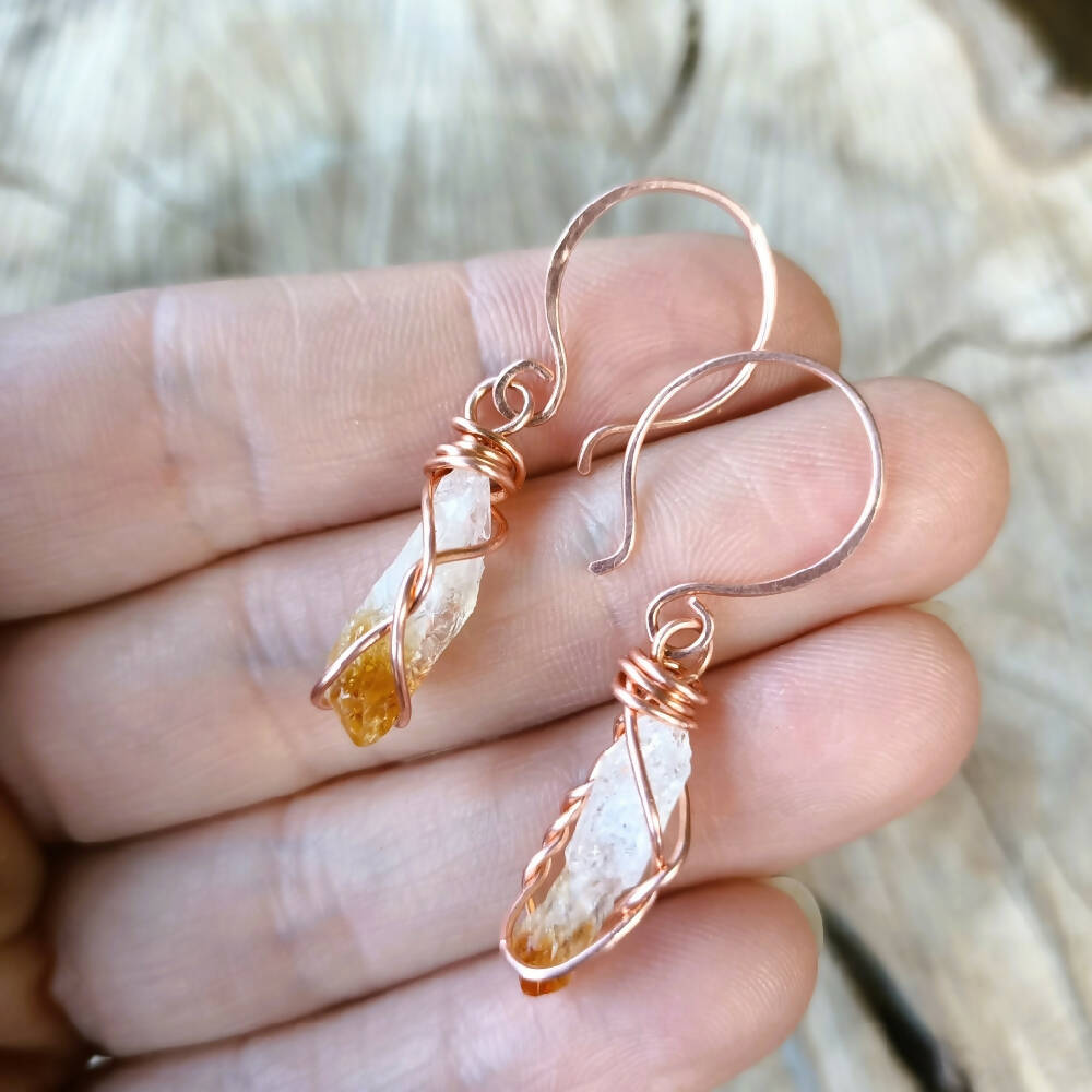 citrine crystal stone wire wrap copper dangle earrings