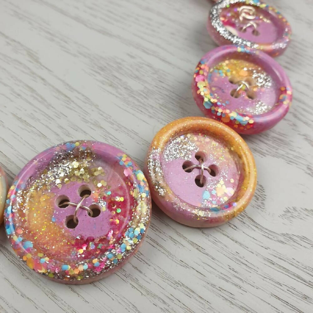 Button Necklace Pink Sparkle Handcast Resin Buttons & Earrings Jewellery