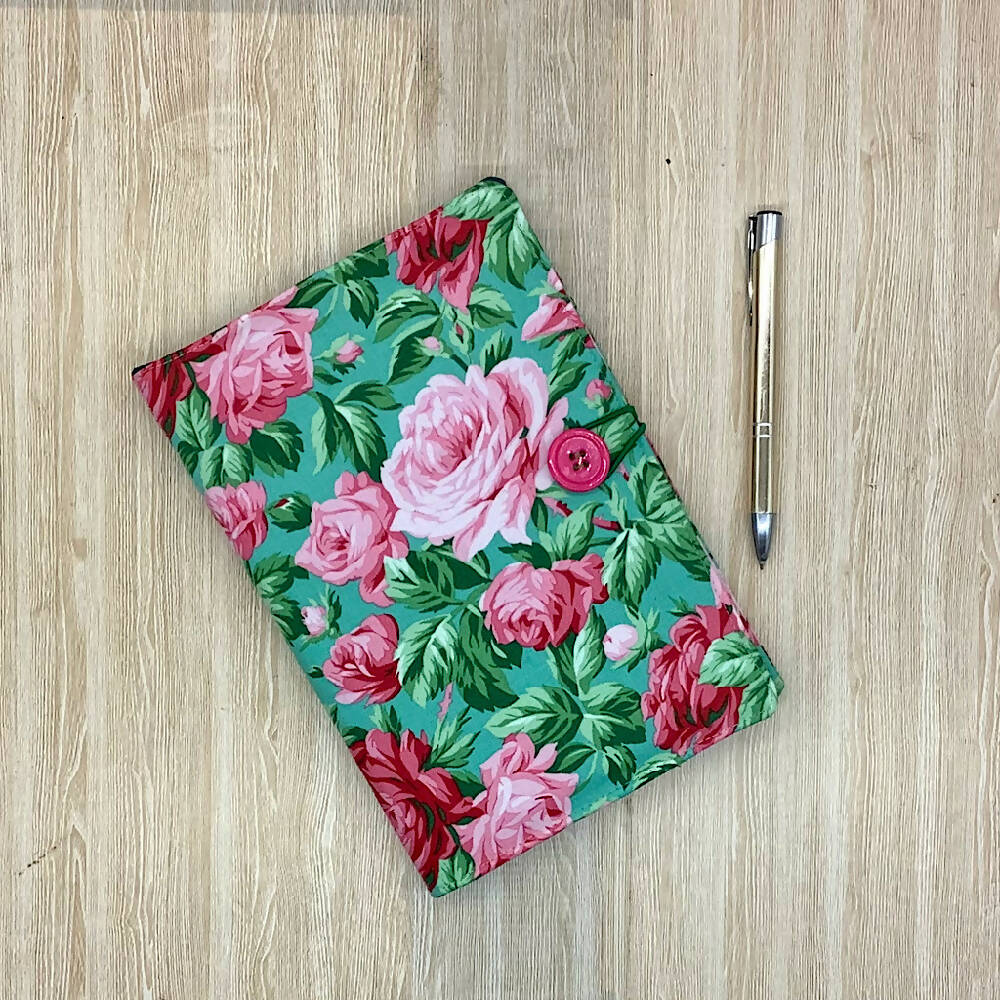 Pink Roses floral refillable A5 fabric notebook cover gift set - Incl.