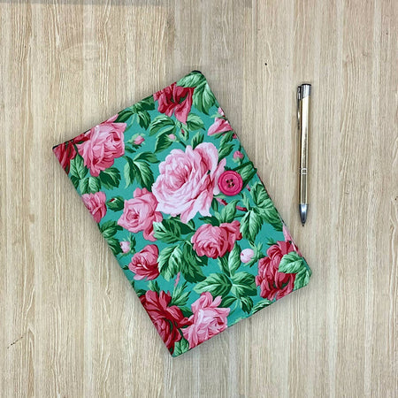 Pink Roses floral refillable A5 fabric notebook cover with bonus book and pen.