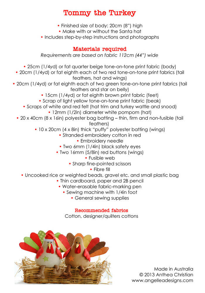 Turkey Soft Toy HARD COPY Paper Sewing Pattern Christmas or Thanksgiving Turkey