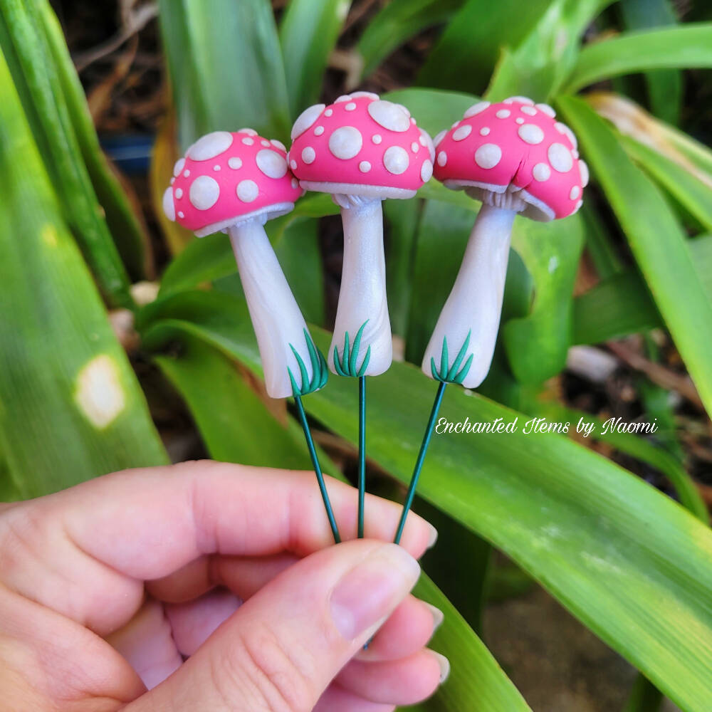 Pretty in Pink Fairy garden Mushrooms set with Ladybirds