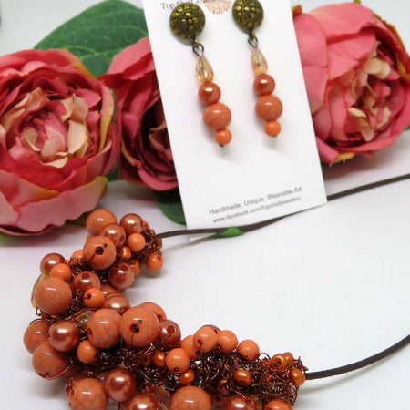 Burnt Orange Copper Crochet Wire/ Wire Wrapped Beaded Necklace Earrings Set