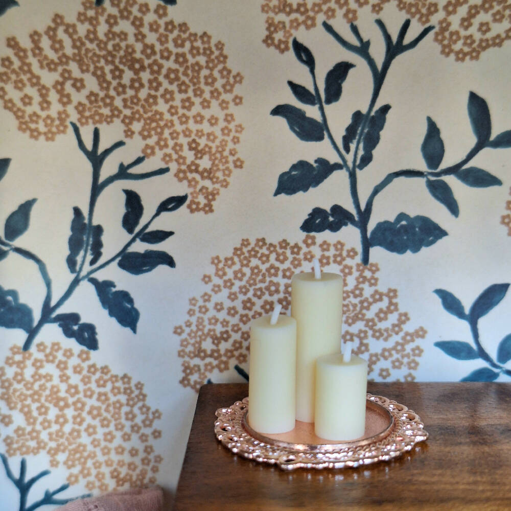 3 Beige Candles set on a Rose Gold Tray