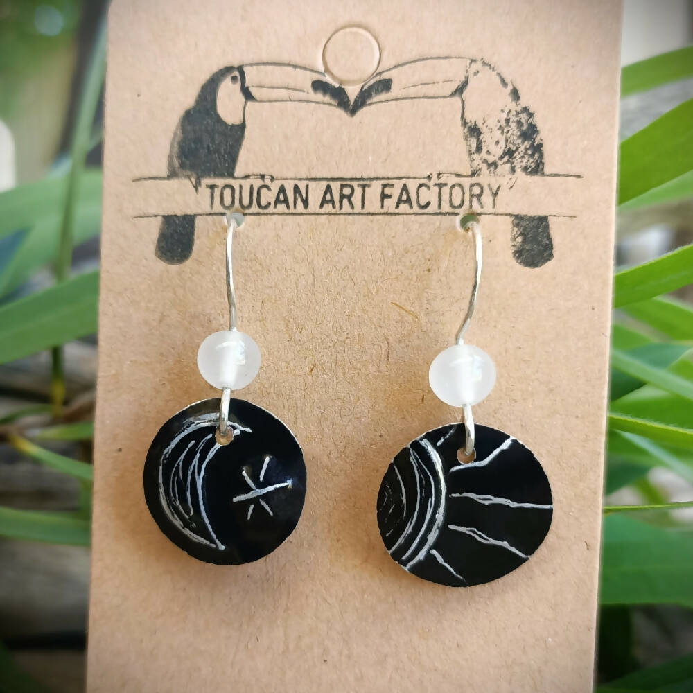 black recycled can earrings moon sun on card -