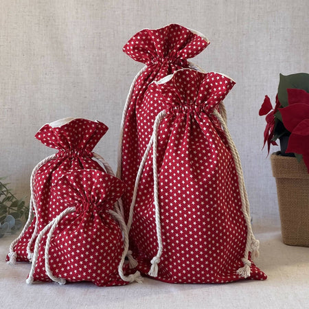 Christmas Reusable Fabric Gift Bag - Red Stars