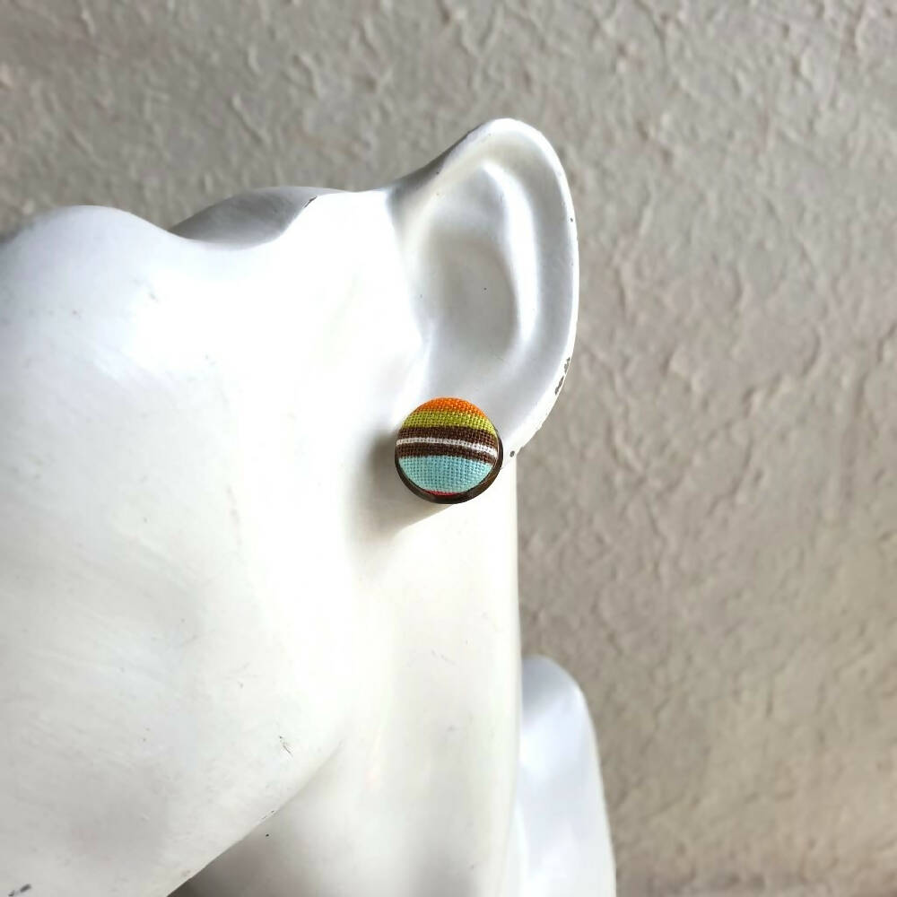 1.4cm Round Cabochon retro striped fabric stud earrings No.16