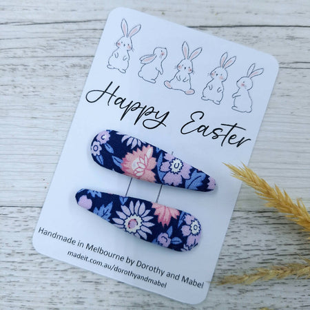 Handmade fabric hair clips, Easter hair clips, set of two, snap clips, purple.