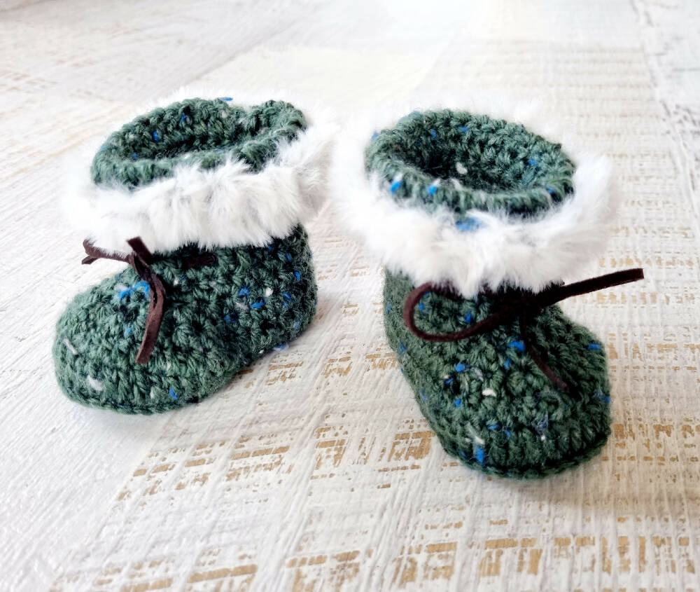 Baby Booties Fluffy Green Tweed Newborn Crochet Knit Shoes Sock