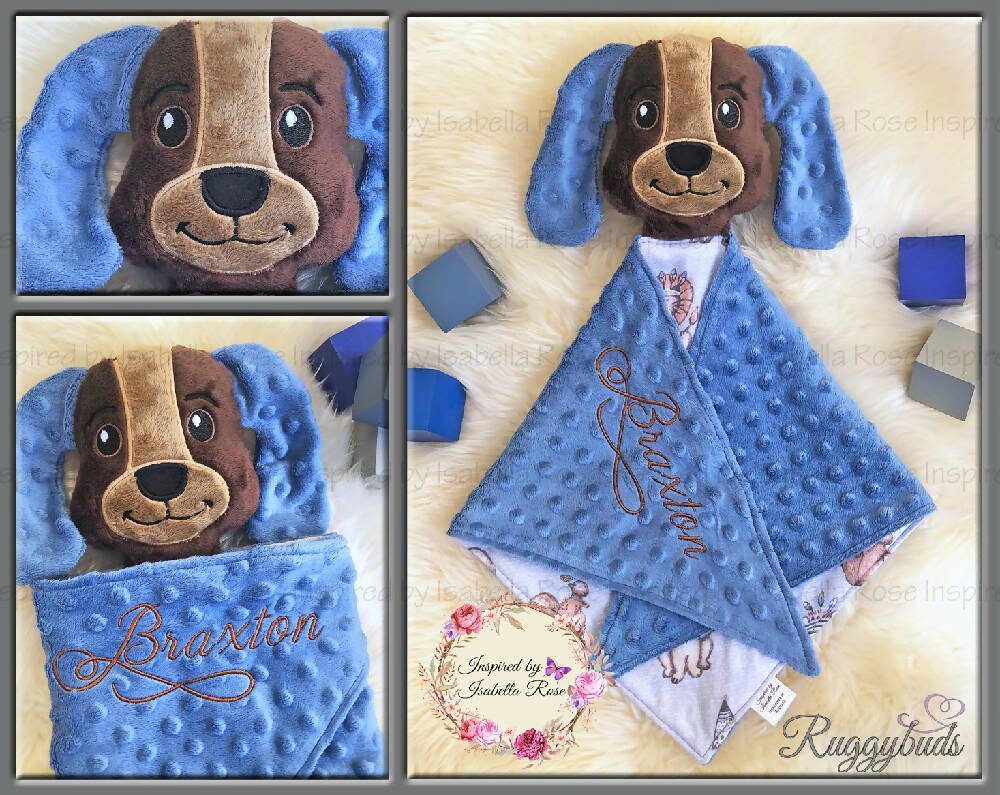 Baby comforter, Embroidered name, Puppy themed Ruggybud, Made to order