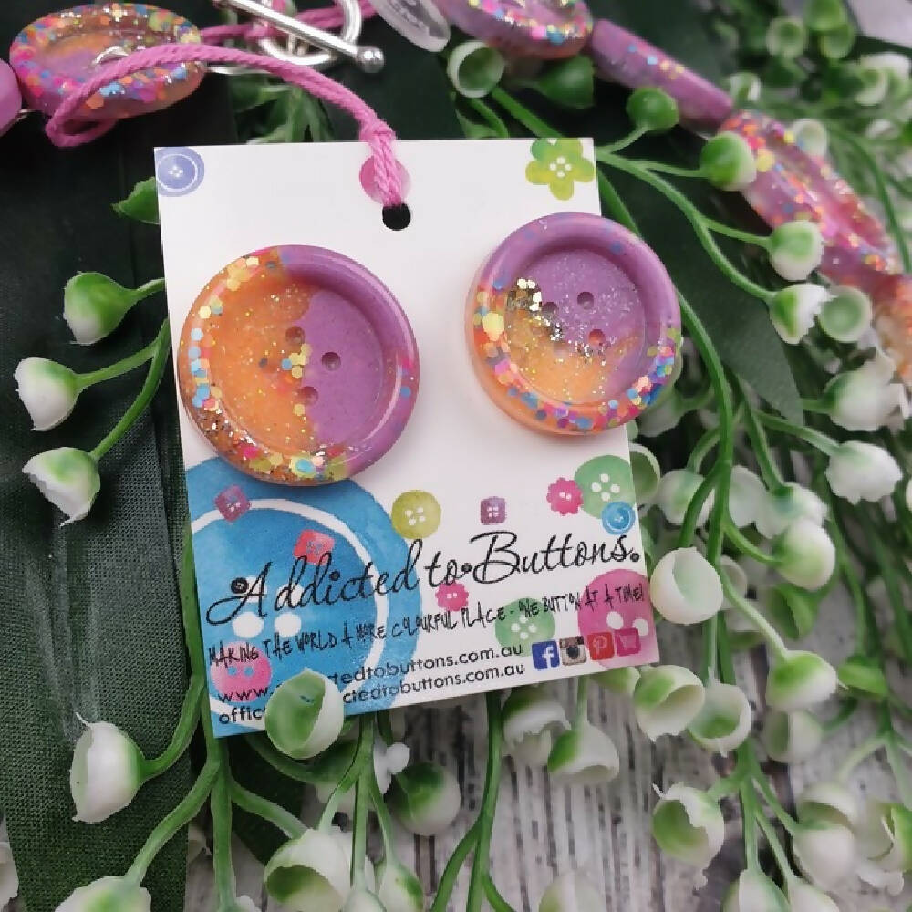 Button Necklace Pink Sparkle Glitter Handcast Resin Buttons & Earrings Jewellery