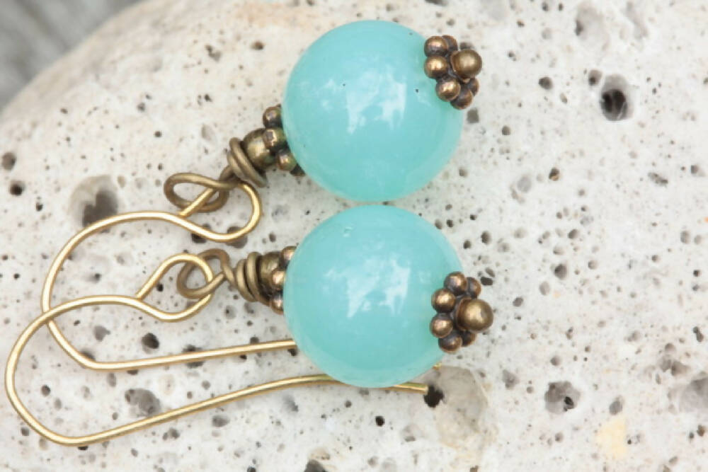 Aquamarine Glass Bead and Brass Beaded Earrings