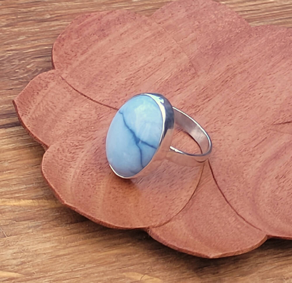 Blue Opal Agate Silver Ring Size S 1/2