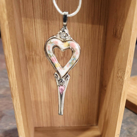 Pendant necklace, floral enamel heart, recycled cutlery