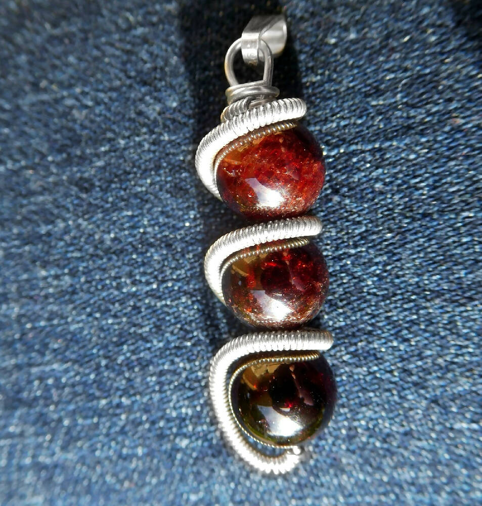 Sterling silver wire wrapped Garnet three bead pendant