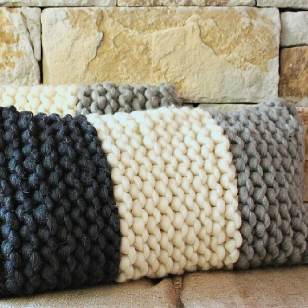 Extreme knit cushion cover. Grey panelled cushion .Big Knitting Cushion.