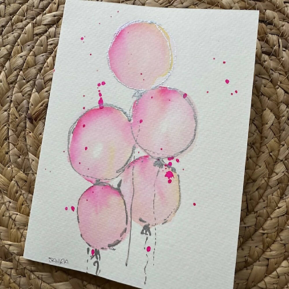 Set Of 4 Greeting Cards Hand Painted Original Artworks - Cakes And Ballons