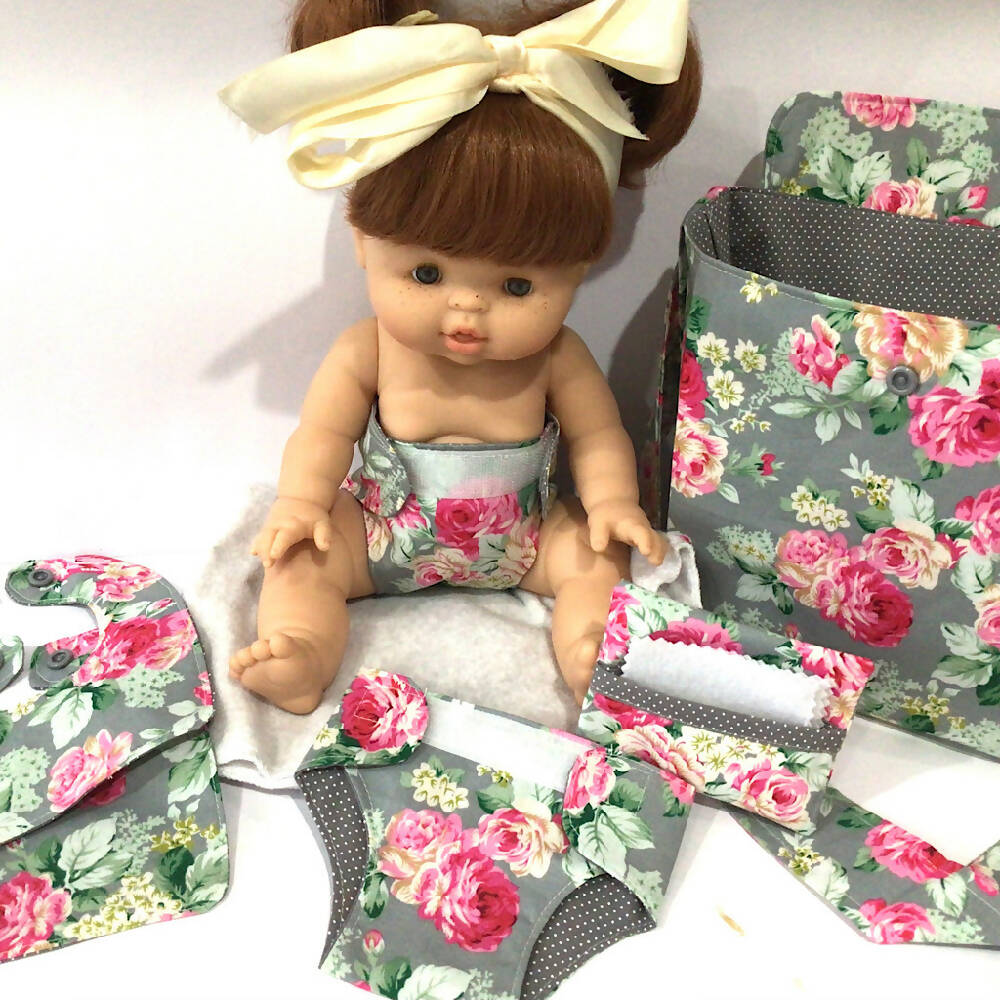 Nappy Bag #2 and accessories for Baby Doll - grey floral, spot