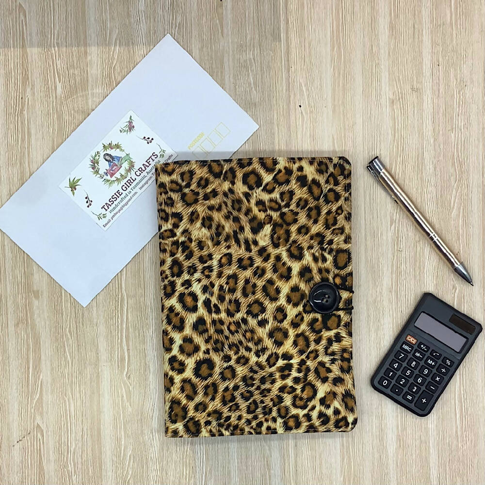 Leopard spot skin refillable A5 fabric notebook cover gift set - incl. book and pen.