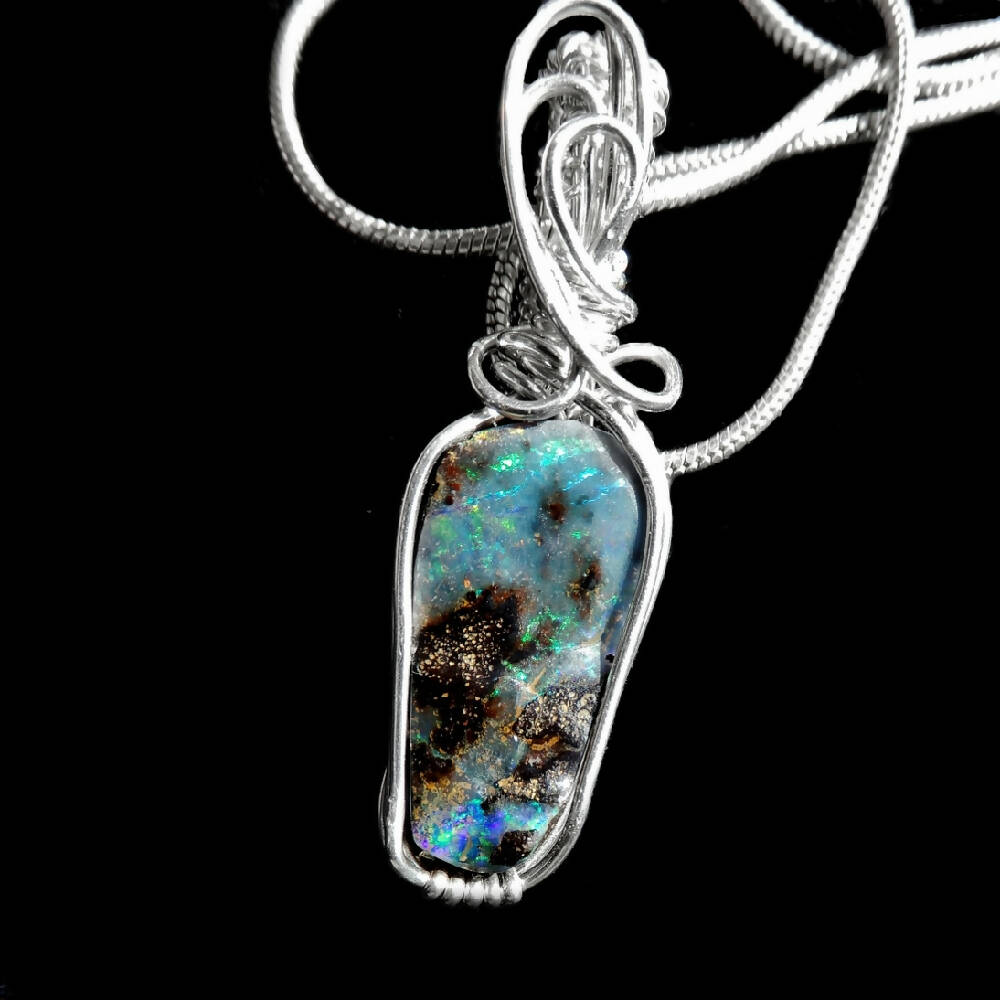 Carved Boulder Opal pendant, Sterling silver wire wrapped