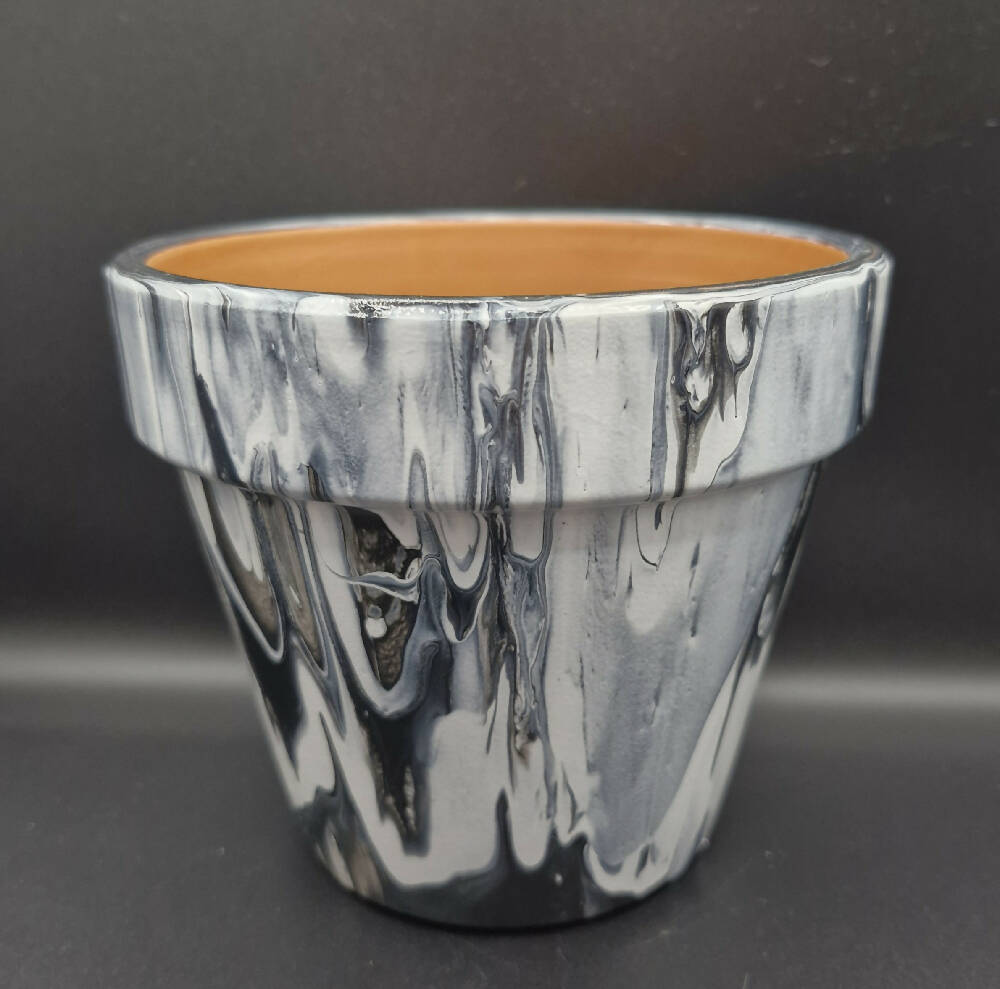 Black and White Acrylic Poured Terracotta Pot