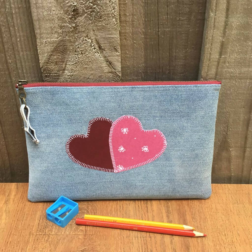 Upcycled Denim Pencil Case - Two Hearts