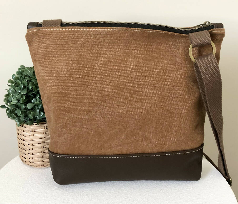 Tan Canvas and Genuine Leather Crossbody Bag with Wildflowers