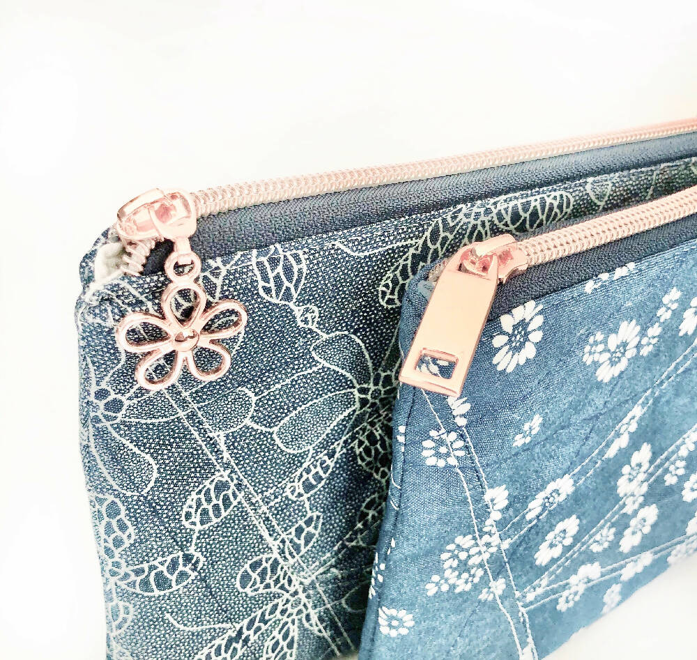 Large Denim and Rose Gold Clutches