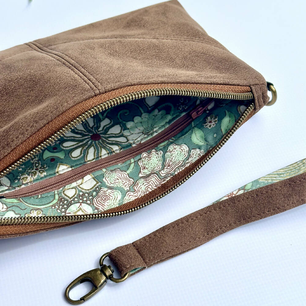 Vegan Leather Clutch with Jade Lining and Strap