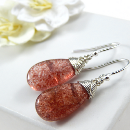 Strawberry Quartz Earrings, Pink Quartz Earrings, Sterling Silver Ear Wires