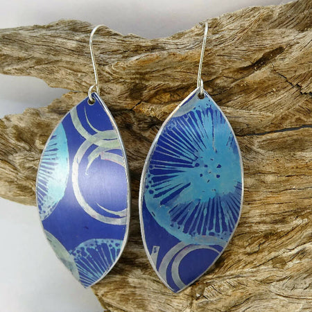 Printed and dyed blue on blue anodised aluminium earrings