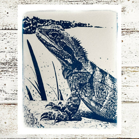 Water Dragon Art Print, Original Cyanotype, 8x10 inches, Lizard Picture,