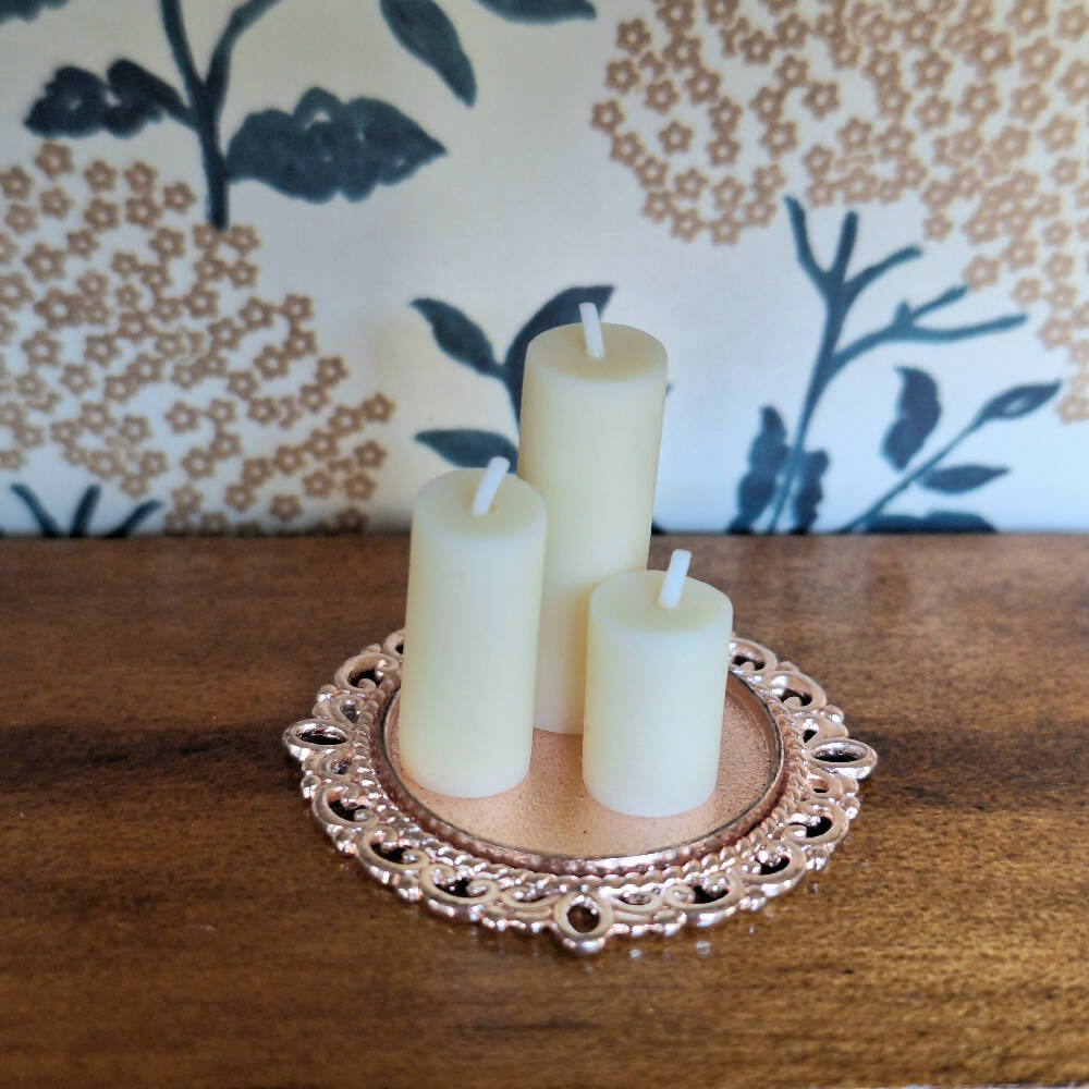 3 Beige Candles set on a Rose Gold Tray