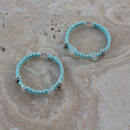 Blue Knotted Cotton Cord Hoop Earrings
