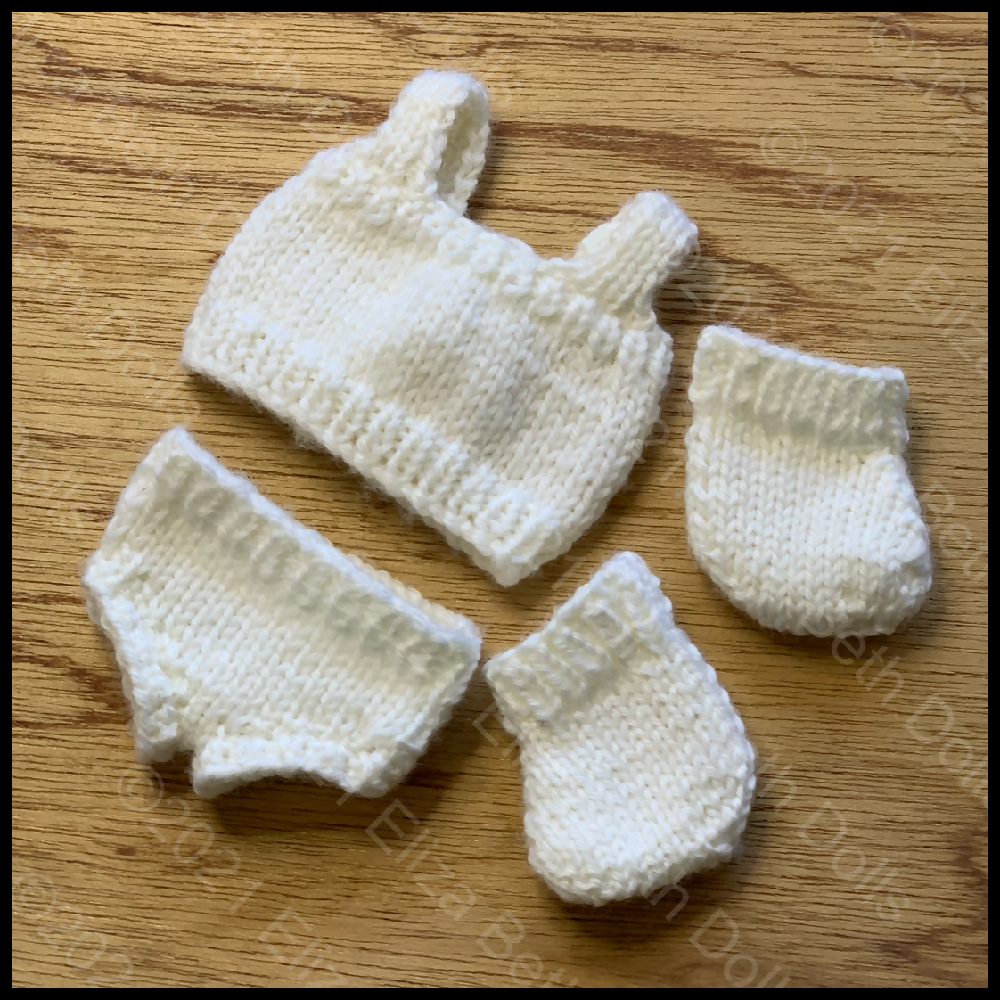 Waldorf doll clothes, PDF digital pattern, 8inch, 9inch, Underwear, Underpants, Undies, Knickers, Vest, Singlet, Socks, 8ply, DK, Straight needles, Beginner friendly, Flat knitted, Doll outift, Knitted doll clothes, Accessories, Natural fibre art doll, Quick easy knit, Clear instructions, Photos, 3 piece outfit, Original design, Immediate download, Eliza Beth Dolls, ElizaBethDolls, Australia, 3