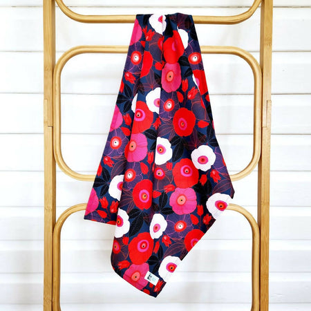 Cotton Tea Towel - Bold Australian Floral Print, Navy, Pink & Red