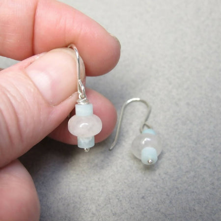 Rose quartz and amazonite beads sterling silver earrings
