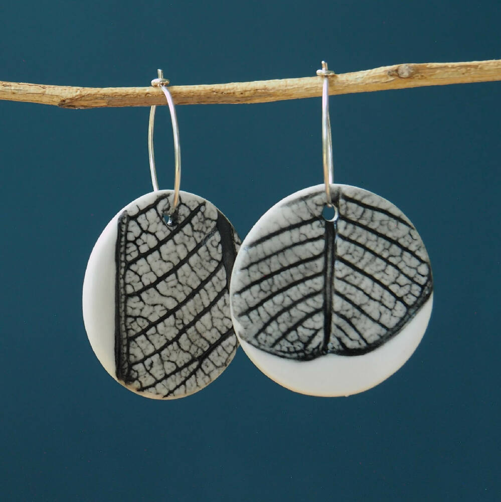 Porcelain earrings; Frangipani leaf imprinted, 925 sterling silver