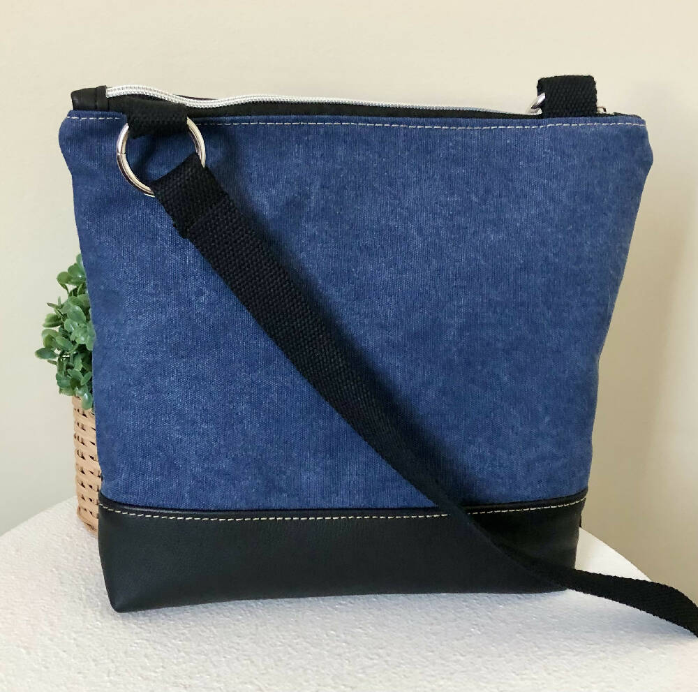 Blue Canvas and Genuine Leather Crossbody Bag with Roses