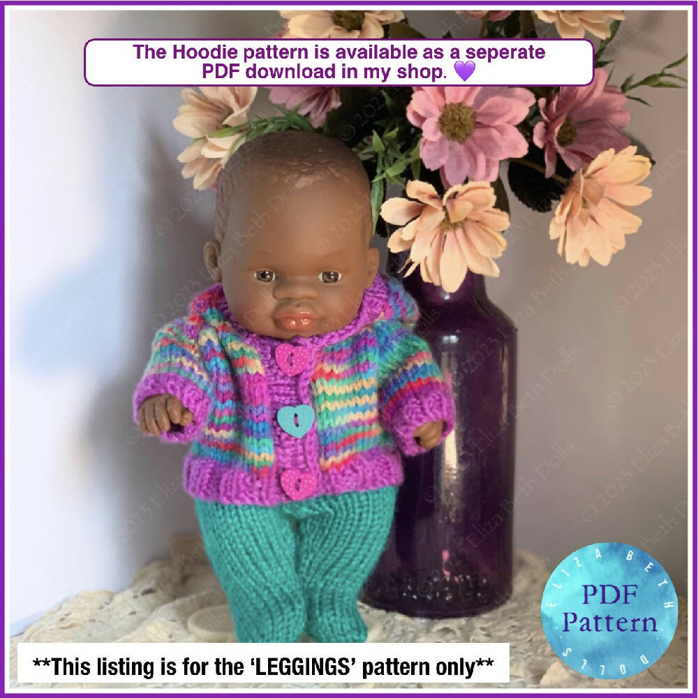 Miniland 21cm clothes, PDF digital pattern, Stockings, Leggings, Tights, Boy, Girl, Unisex, Easy quick knit, Straight needles, Flat knit, Baby doll clothes, Cute outfit, Doll accessories, Minikane, 8inch, Clear instructions, Photos, 8ply DK yarn, Beginner friendly, Basic knitting, Simple pattern, 4, Eliza Beth Dolls, ElizaBethDolls, Australia