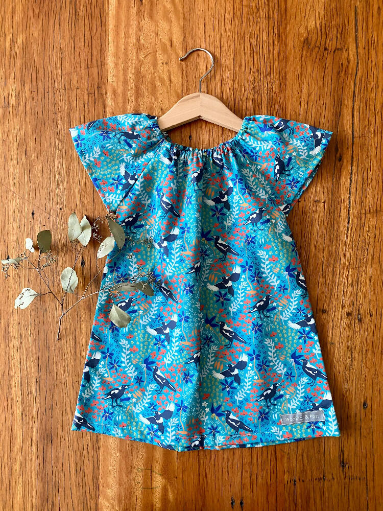 dress - turquoise magpies / cotton peasant-style dress green / Australian birds