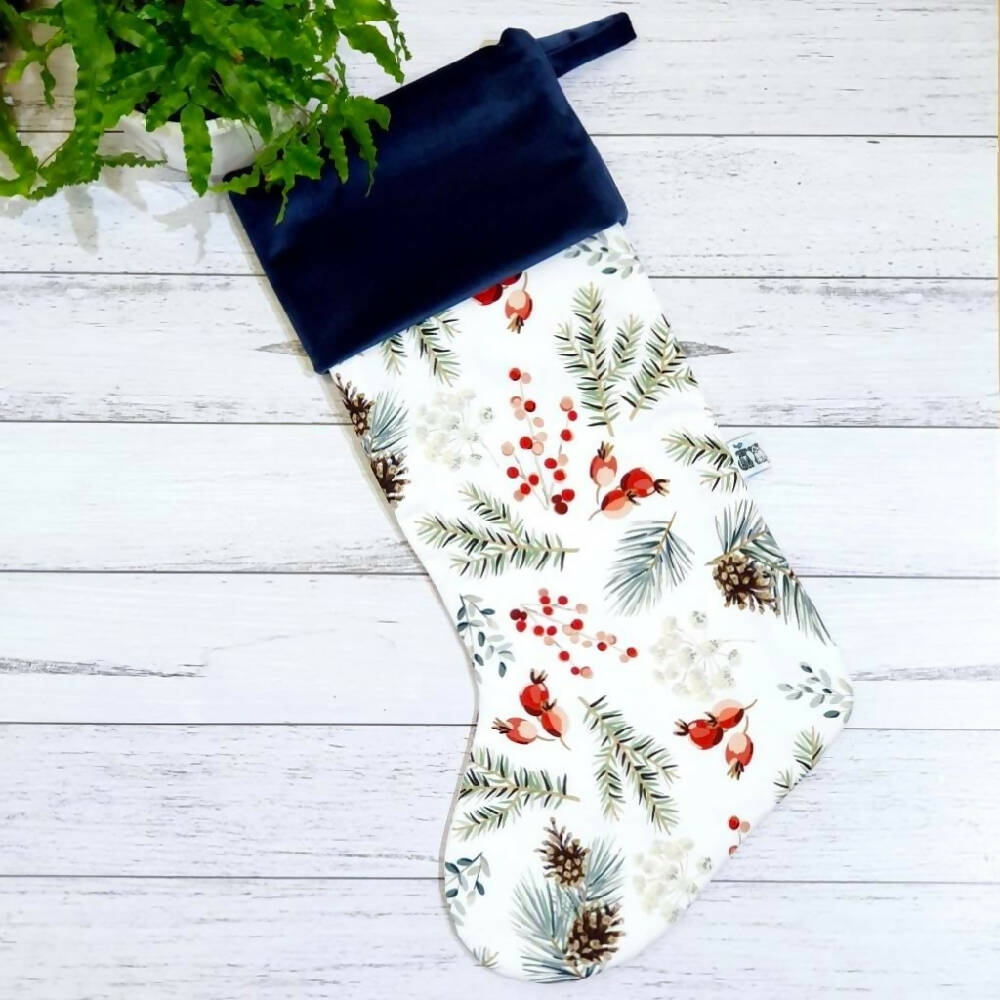 Christmas Stocking - Christmas Foliage, Roses & Elegant Berries with Velvet Cuff (3 options)