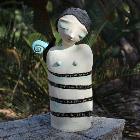 Sculpture girl, snail, clay turquoise poem