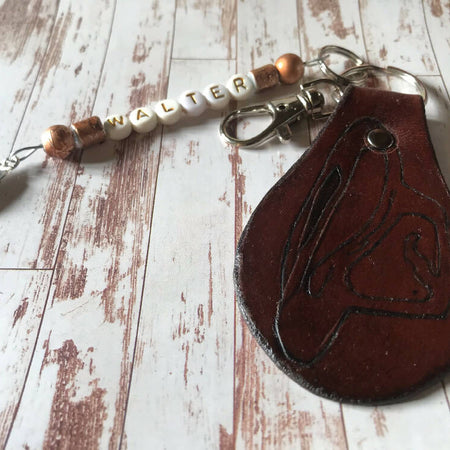 Cowboy Hat Carved Leather Keyring with Clip and Beaded Personalised Name